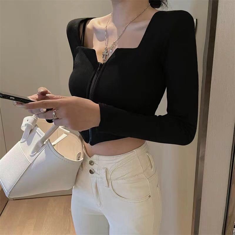Áo thun croptop dây kéo dài tay vạt nhọn sexy cá tính màu trơn - Crt dài tay dây kéo khóa - Mã: 502 TV-Fashion