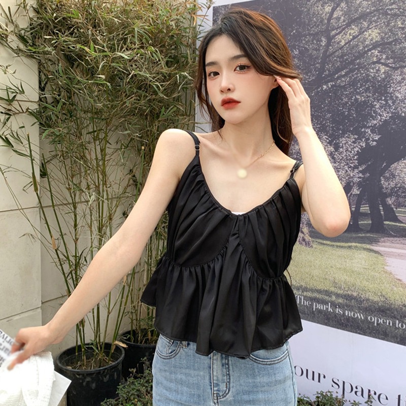 Áo Hai Dây Xếp Ly Cổ Chữ V Phong Cách Hàn Quốc Thời Trang Cho Nữ