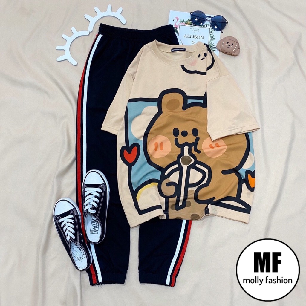 Set đồ bộ quần dài Jogger 2 Sọc GẤU TRÀ SỮA ❤️ Bộ hoạt hình form rộng Freesize nam nữ Molly Fashion
