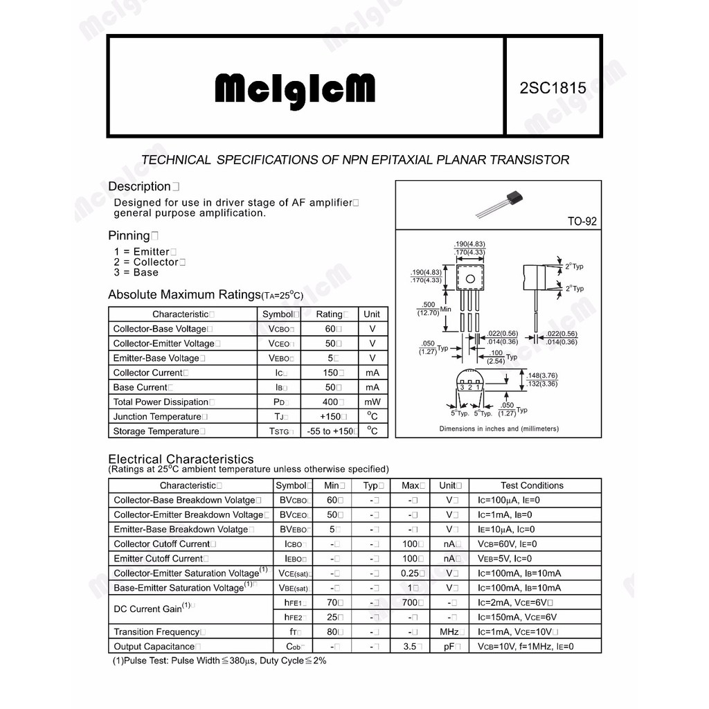 giảm 20% đơn từ 0K]Set 100 linh kiện bán dẫn TO-92 0.15A 50V C1815 2SC1815