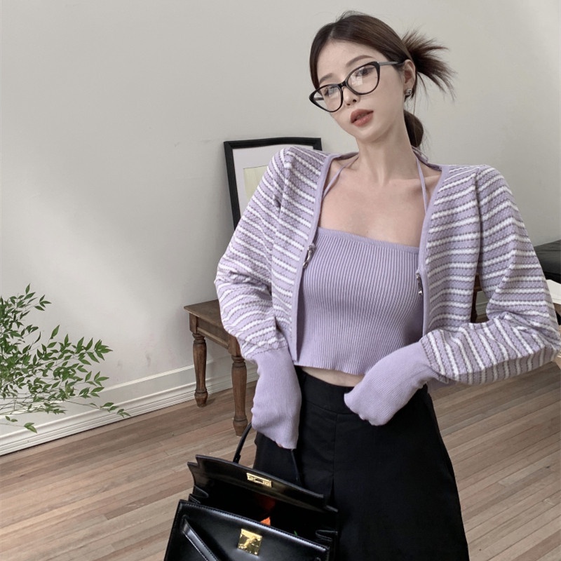 Áo Cardigan Dệt Kim Họa Tiết Kẻ Sọc Thời Trang Mùa Thu