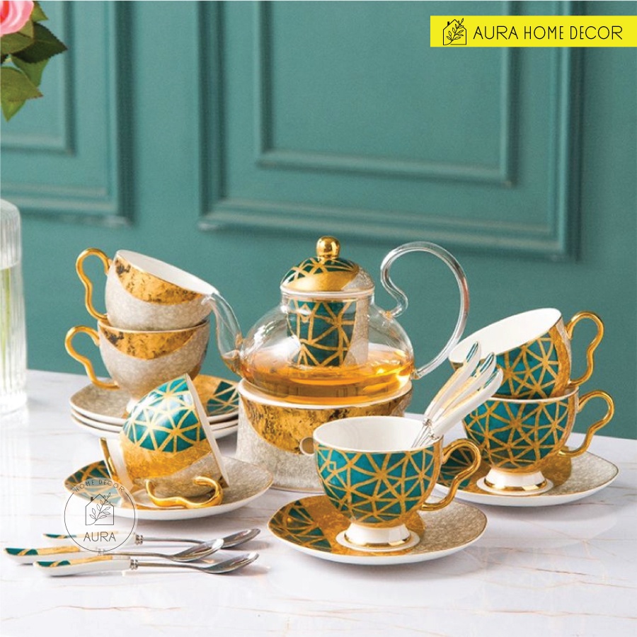 Bộ ấm trà sứ Bone China cao cấp viền dát v.àng 24K - Sang trọng, đẳng cấp