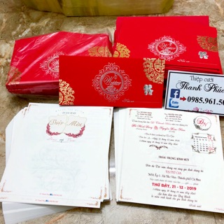 THIỆP CƯỚI NHUNG ĐỎ MẠ VÀNG 3 (gồm công in nd hoàn chỉnh)