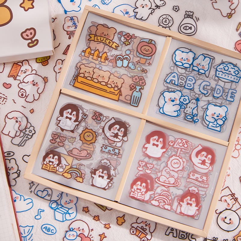 Hộp 100 tờ stickers nhựa trong PET PVC dễ thương không trùng mẫu