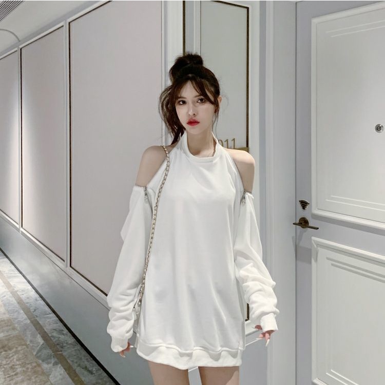 UIOWOO  Áo Thun Dài Tay Cổ Tròn Hở Vai Có Khóa Kéo Thời Trang Dành Cho Nữ