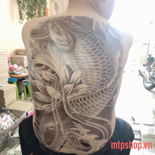 Hình xăm dán tattoo cao cấp kín lưng 34x48cm CÁ CHÉP BÊN HOA SEN (Quà tặng kèm: 1 hình xăm dán đẹp mê ly!)