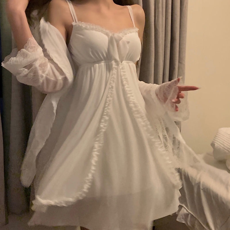 Cổ Phiếu Sẵn Sàng❣Bộ Đồ Ngủ Pajamas Hai Dây Dáng Rộng Phối Ren Kiểu Công Chúa Ngọt Ngào Phong Cách Hàn Quốc Thời Trang Xuân Thu Dành Cho Nữ