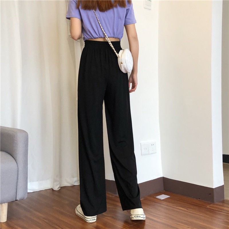 Hot Sale Ice silk wide-leg pants women spring and autumn high waist drape black loose summer thin mopping casual straight trousers