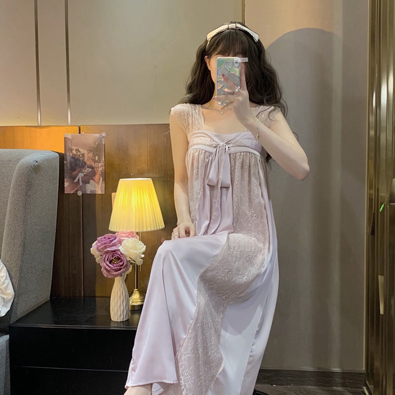 Cổ Phiếu Sẵn Sàng❣Ah F &amp; X Đầm Ngủ Công Chúa Hai Dây Dáng Dài Phối Ren Đính Nơ Kiểu Công Chúa Ngọt Ngào Mùa Hè Retro Mặc Nhà Cho Nữ