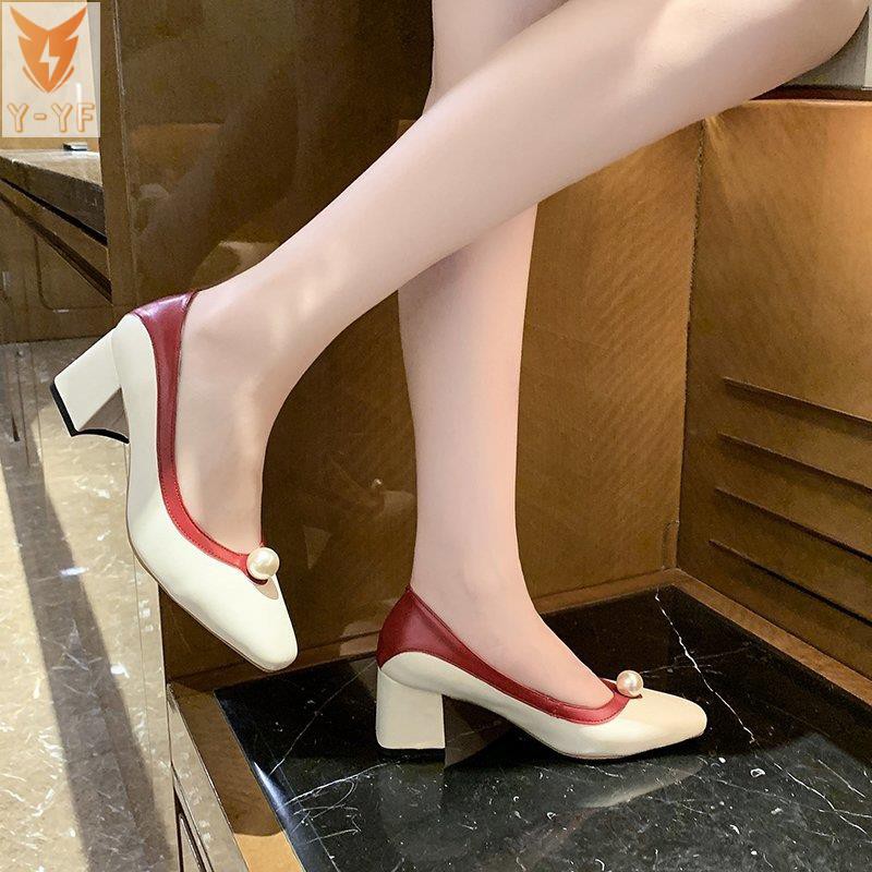 [High quality]Single shoes women 2021 new spring square head shallow mouth pearl mid-heel French small high heels thick heel work women's shoes