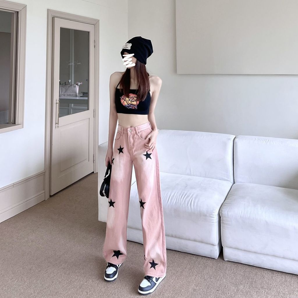 Quần Jean Eo Cao Dáng Rộng In Hình Ngôi Sao Màu Gradient Phong Cách Đường Phố Mỹ Cá Tính Dành Cho Nữ