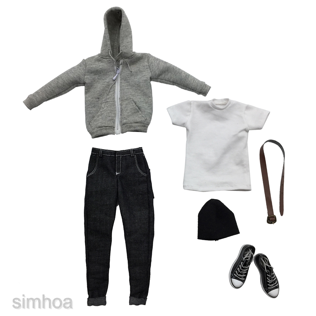 [SIMHOA] 1:6 Scale Male Mens Clothes Hoodie T-shirt Jeans Belt Cap Canvas Shoes Set