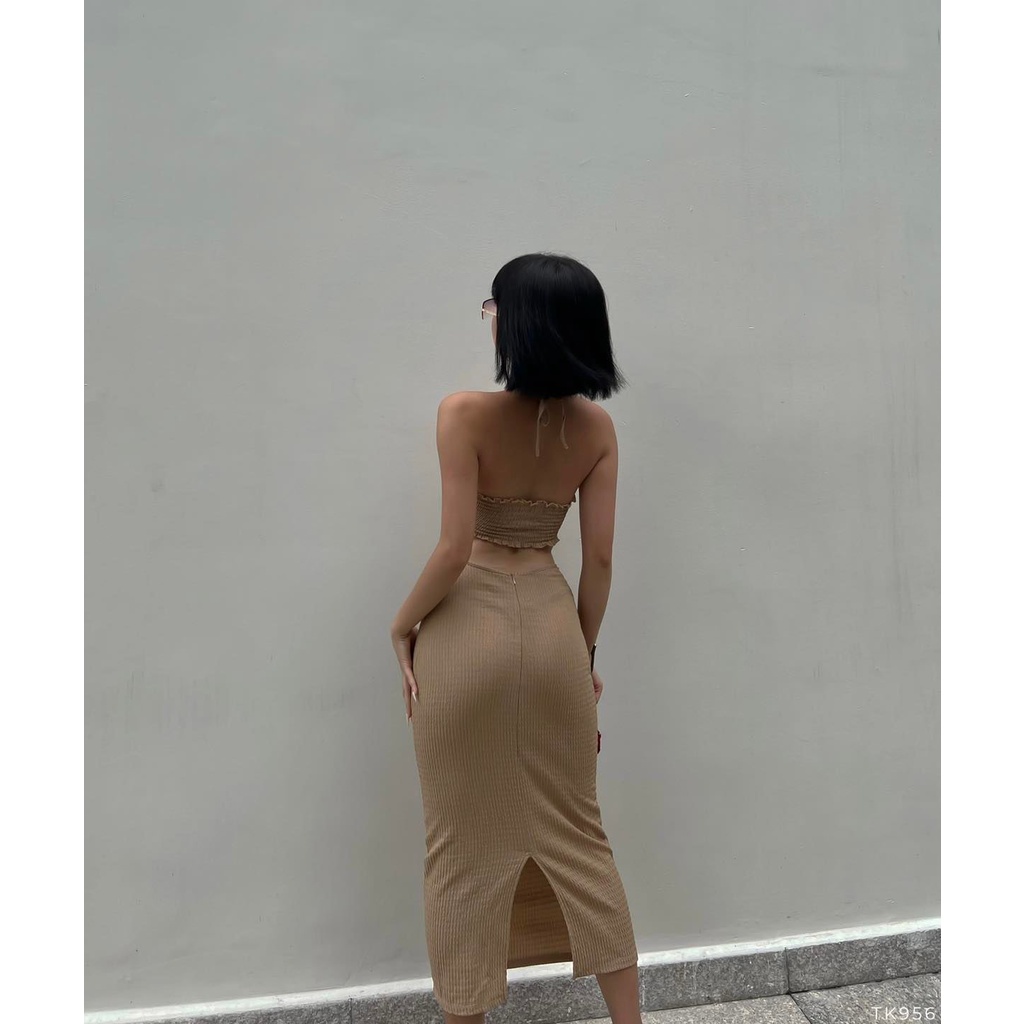 [HÀNG THIẾT KẾ CAO CẤP] Đầm Body Yếm Xoắn Eo Tôn Dáng Đi Biển / Đi Tiệc Màu Nâu Form Dài