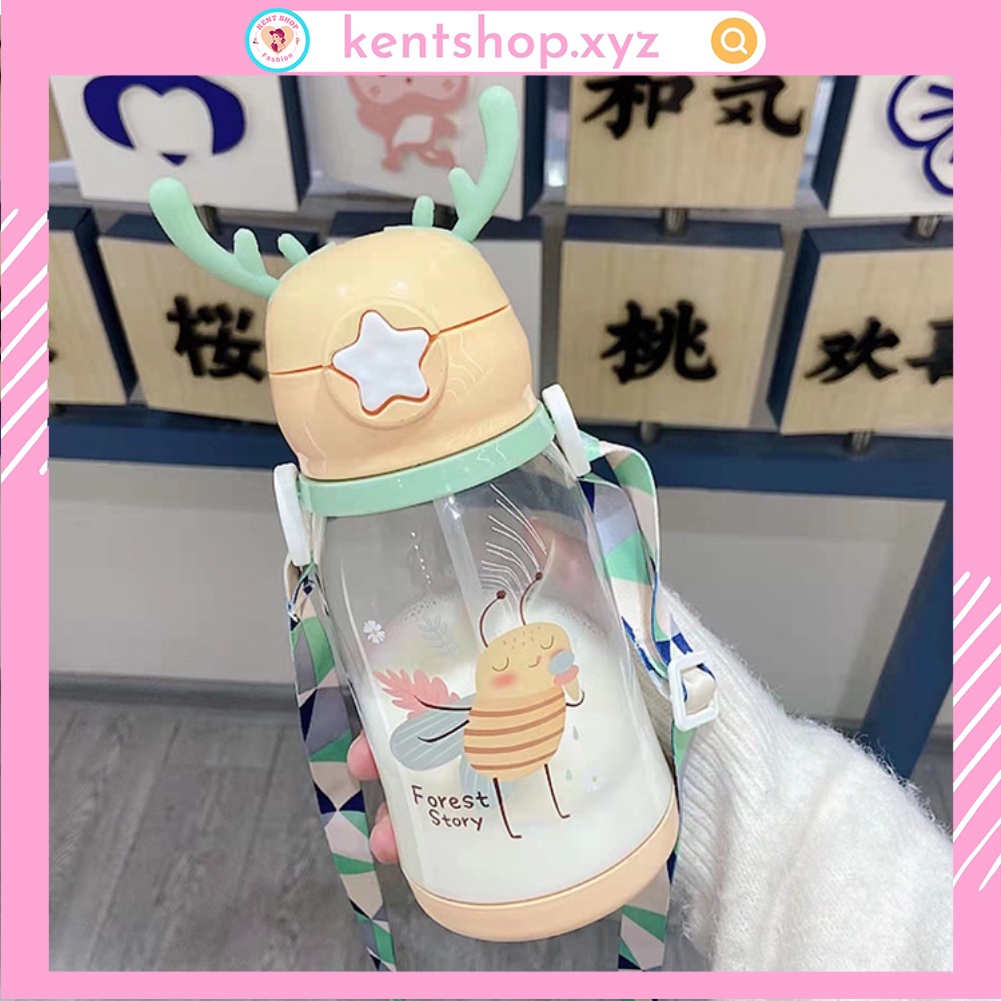 Bình tập uống nước cho bé cute có ống hút chống sặc bằng Silicon, Bình uống nước Sừng Nai Cute cho bé mang đi học