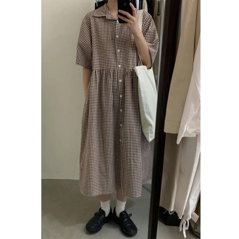Váy suông kẻ nâu cổ đức (byKorea)