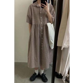 Váy suông kẻ nâu cổ đức