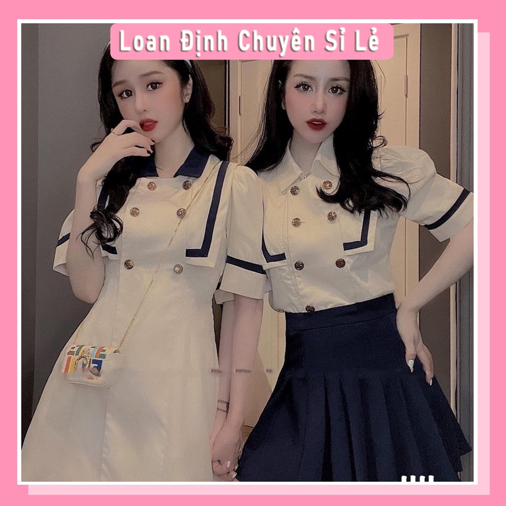 Set Áo Thủy Thủ Cổ Thuyền Viền Mí Mix Chân Váy Xếp Li Xanh