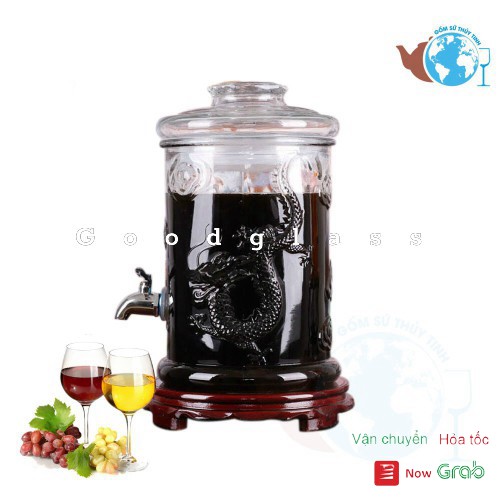 Bình ngâm rượu thủy tinh 19 lít dáng trụ có hoa văn rồng - có van