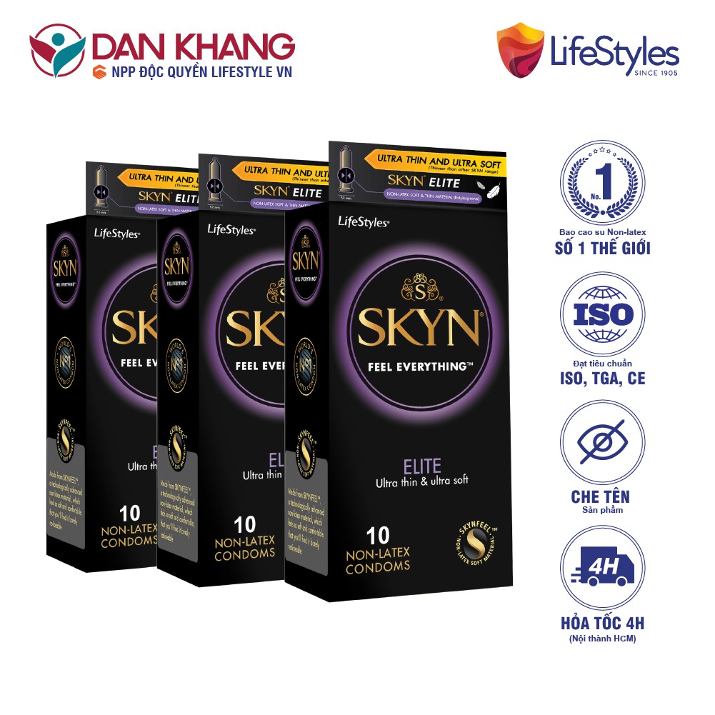 Bộ 3 Hộp Bao cao Su LifeStyles Skyn Elite Non-latex Siêu Mỏng Siêu Mềm Cao Cấp 10 bao