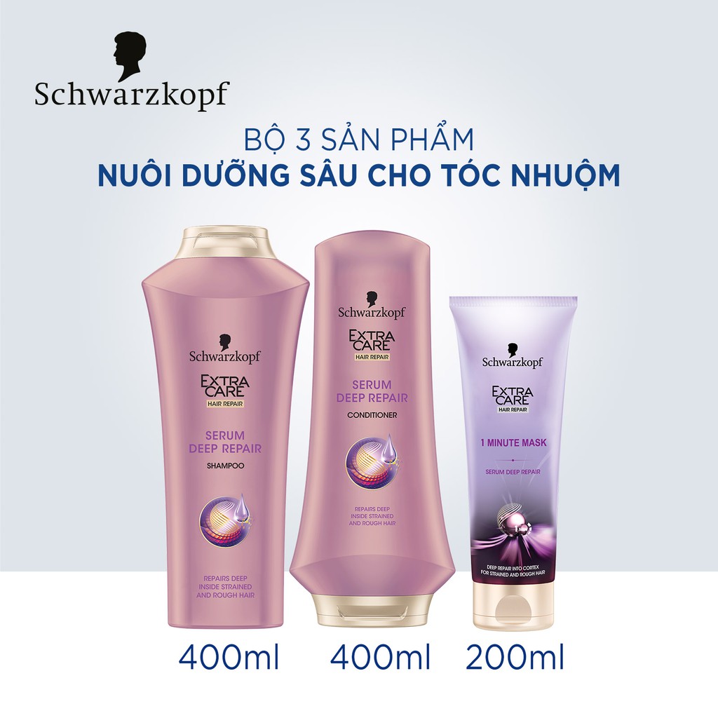 Bộ 3 sản phẩm dầu gội, dầu xả và kem ủ nuôi dưỡng sâu cho tóc nhuộm Schwarzkopf Extra Care Serum Deep Repair