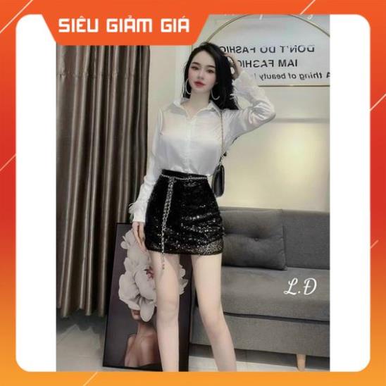 Set áo sơmi tay lông + chân váy kim sa