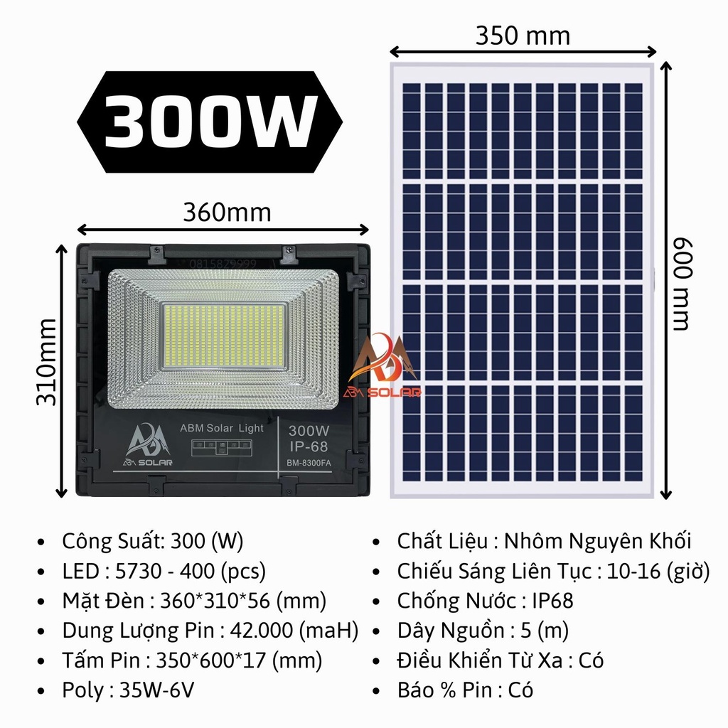 Đèn Năng Lượng Mặt Trời, Đèn Pha Chiếu Sáng Trong Nhà, Công Suất 300W, IP68 Chống Nước, Cao Cấp - ABM SOLAR