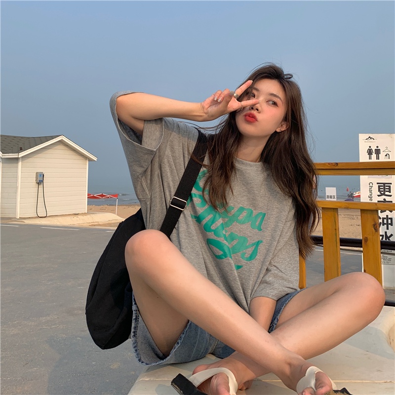 Áo thun SUXI tay ngắn cổ tròn dáng rộng in chữ thời trang mùa hè cho nữ