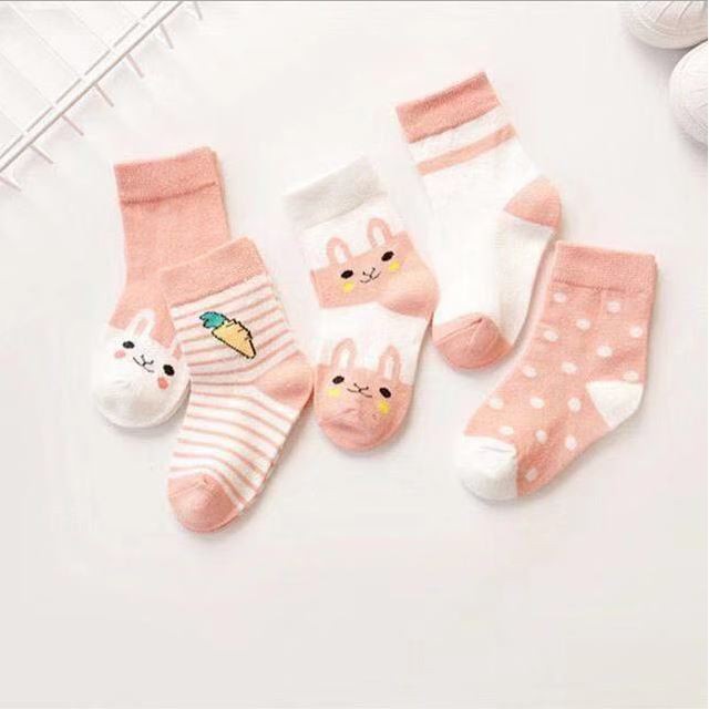 Set 5 Đôi Vớ Cotton Thoáng Khí Giữ Ấm Chống Trượt In Họa Tiết Gấu Hoạt Hình Cho Bé