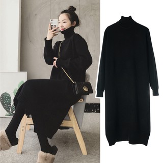 Váy Len Cao Cổ Váy Len Dáng Suông Rộng Oversized Váy Len Xẻ Tà