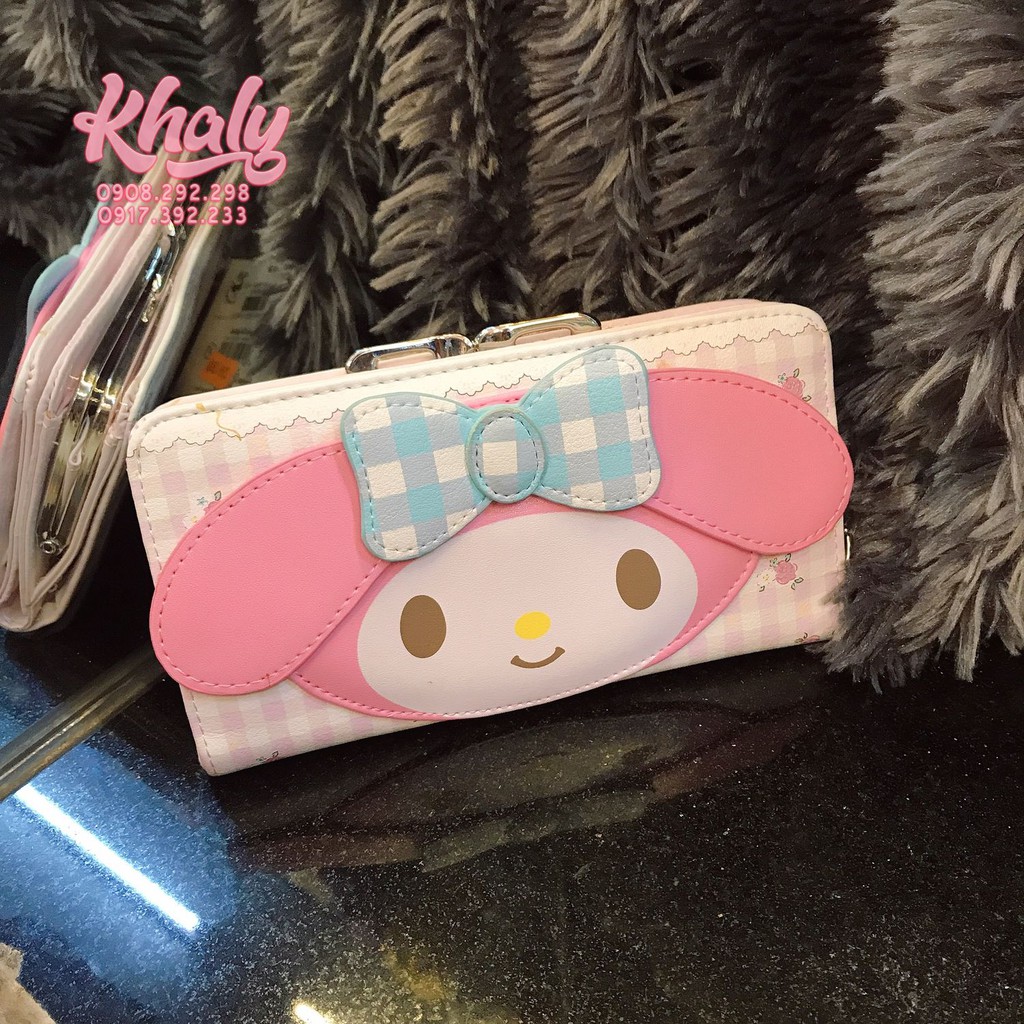 Bóp ví tiền cầm tay nút bật da mềm thỏ Melody bạn Hello Kitty nhiều ngăn size dài màu trắng cho nữ và các bạn gái