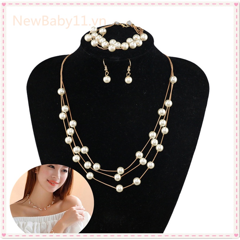 Bộ dây chuyền bông tai và vòng tay mạ bạc đính ngọc trai nhân tạo thời trang
