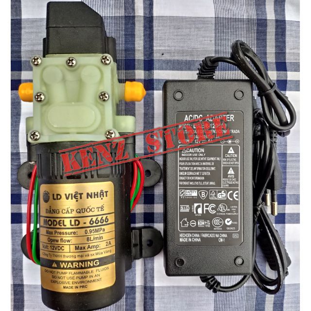 Bộ máy bơm mini 12v VIỆT NHẬT đầu trắng cao cấp kèm nguồn 12V-5A