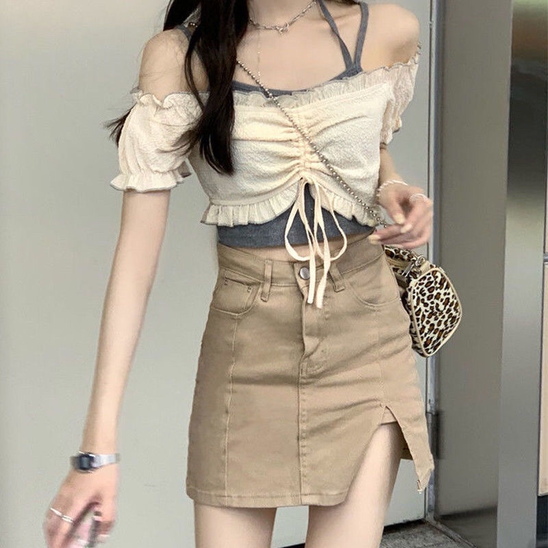 Set áo croptop rút dây và chân váy ngắn xẻ tà ulzzang Hàn Quốc