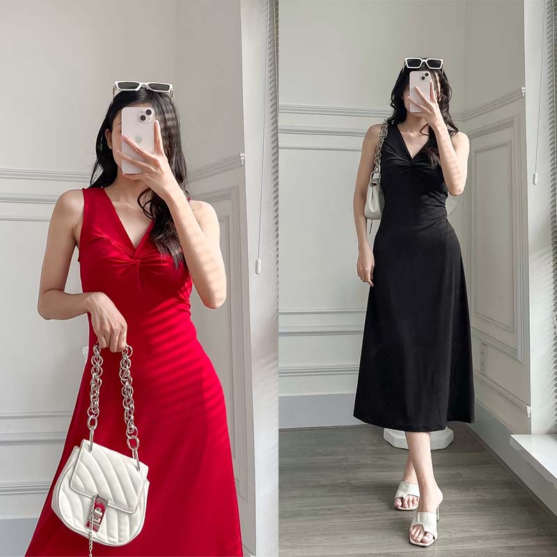 Đầm thun lụa sát nách xoắn ngực 2 màu đỏ đen - Lavi House - L2272