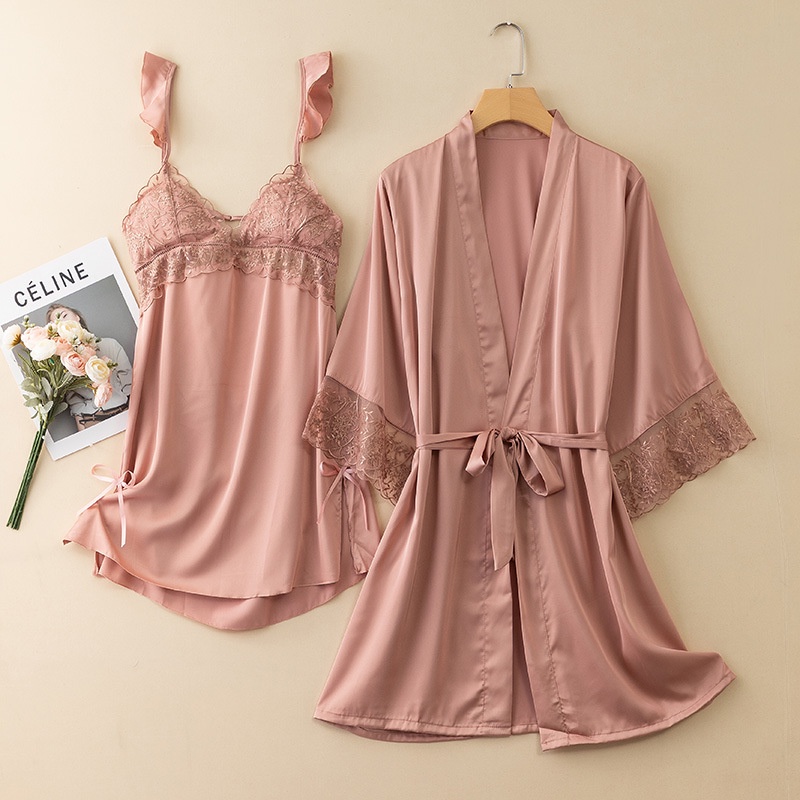 Bộ Đồ Ngủ Vải Lụa Mỏng Phối Ren Có Miếng Đệm Ngực Thời Trang Mùa Hè Quyến Rũ Cho Nữ