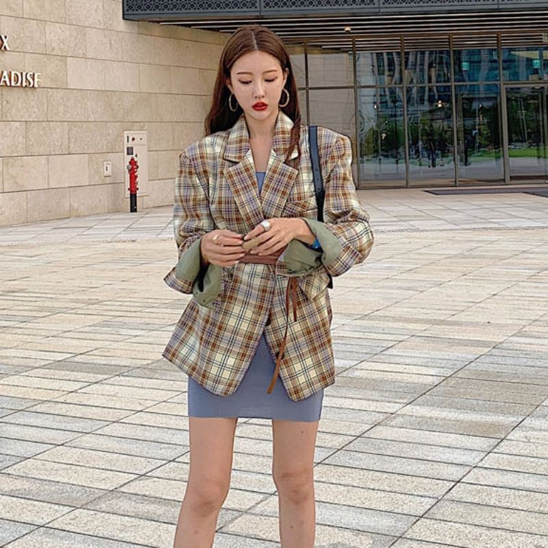 Sẵn Xanh 3(Hàng Đẹp)Ảnh thật 5 hình cuối-HC342.Áo blazer kẻ caro Hàn Quốc chanh xả | BigBuy360 - bigbuy360.vn