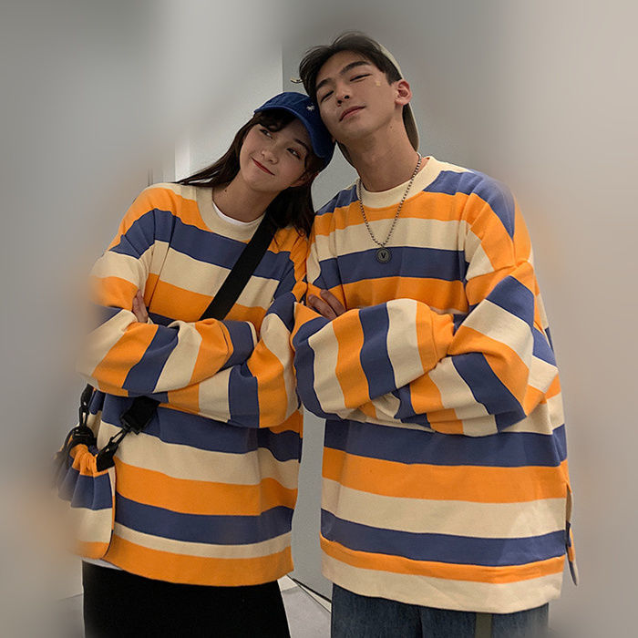 Áo thun tay dài dáng rộng họa tiết sọc ngang thời trang cho nam