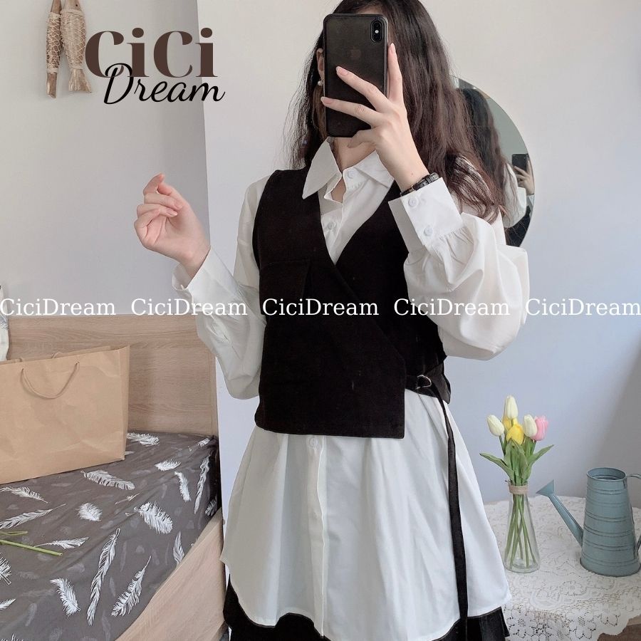 Set áo sơ mi trắng nữ kèm gile buộc nơ eo sang chảnh, Set áo váy form dài cùng yếm gile đai lệch vạt điệu đà
