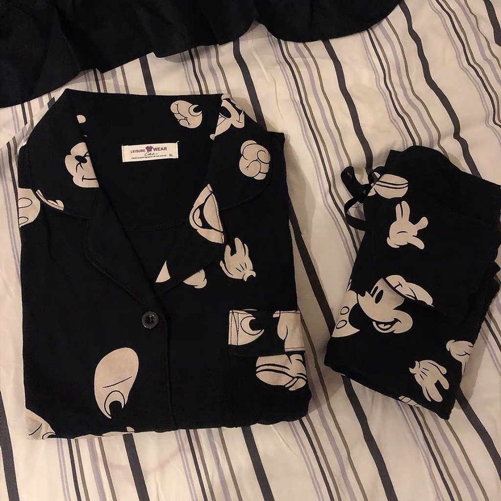 Bộ đồ ngủ tay dài dáng rộng màu đen phong cách Nhật Hàn thời trang thu đông cho nữ | BigBuy360 - bigbuy360.vn