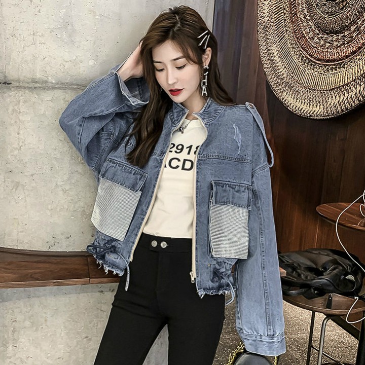 Áo khoác jeans túi hộp đính hạt rút dây Mã: AO3650