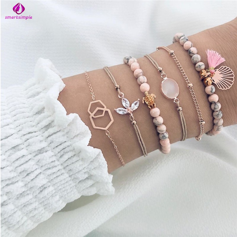 Set 6 vòng tay màu hồng hình giọt nước phối tua rua dễ thương