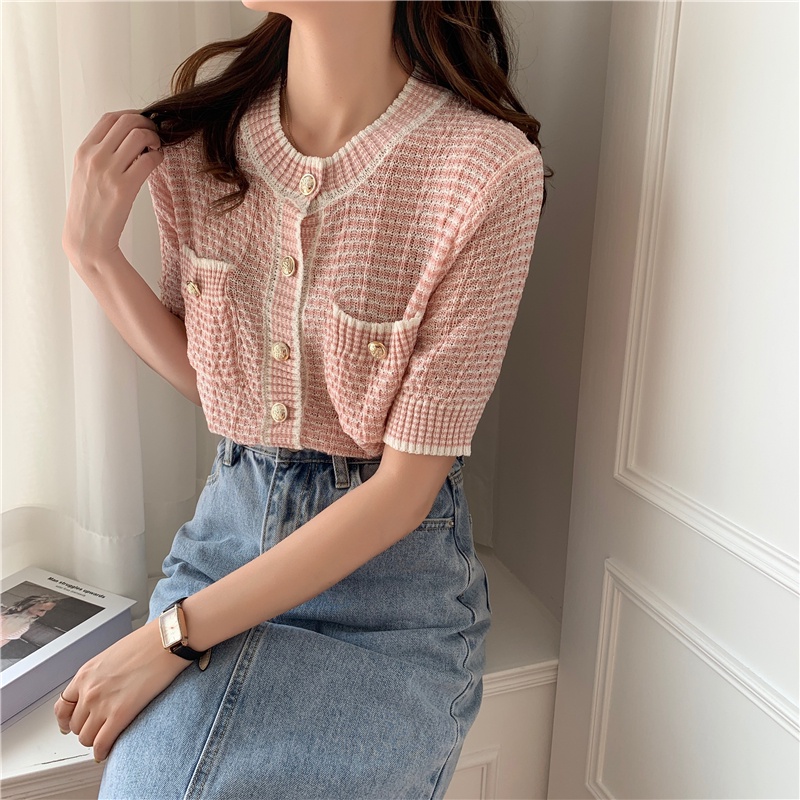 Áo cardigan Ngắn Tay Cổ Tròn Phối Nút Kim Loại Thời Trang Mùa Hè Phong Cách Hàn Quốc Mới