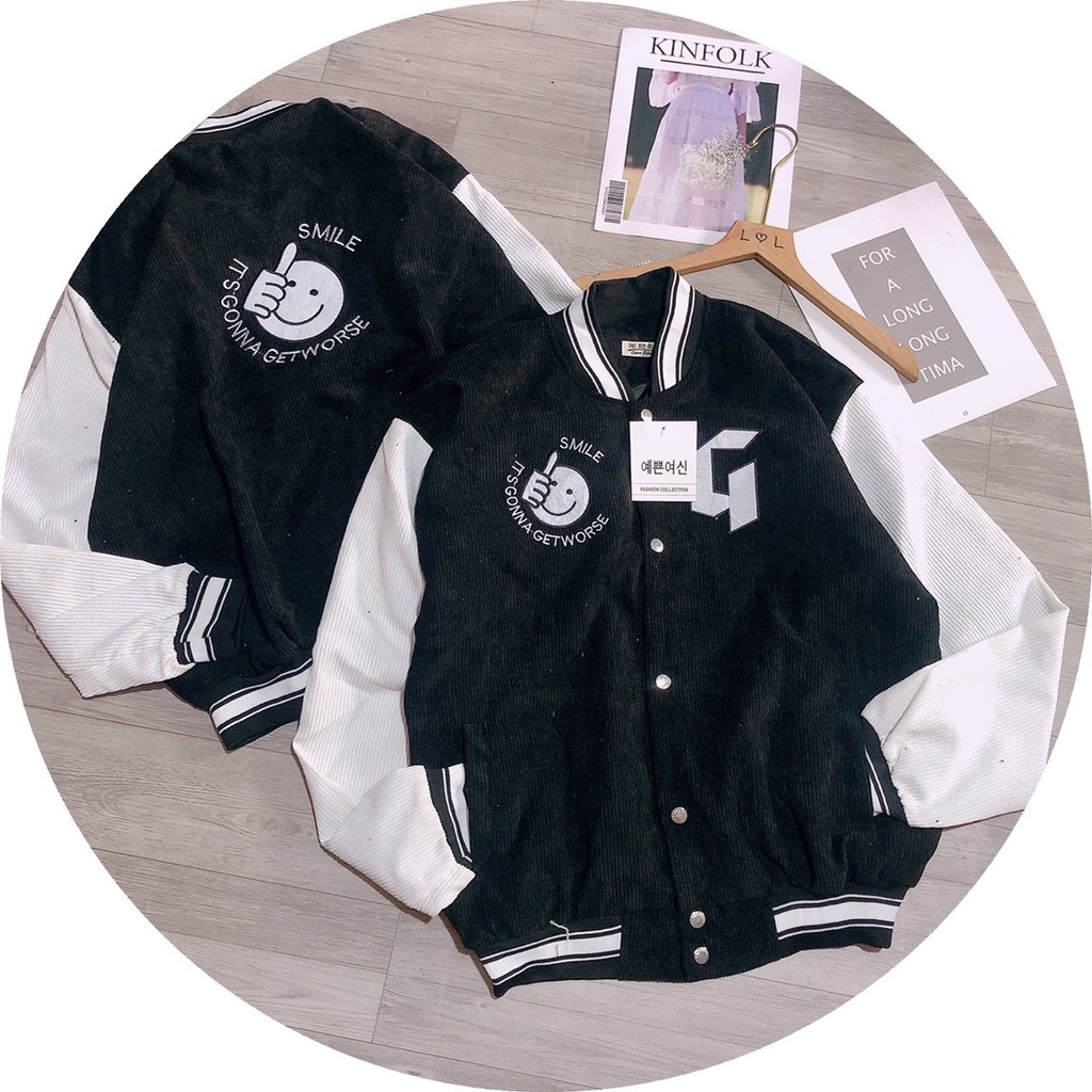 Áo Khoác Bomber nam nữ chất Nhung Tăm 2 Lớp Thêu Hình Chữ G Mặt Cười Form Unisex hàng mới