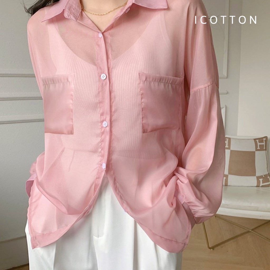 Áo sơ mi phom rộng khoác ngoài ❤️ICOTTON❤️ áo sơ mi nữ mỏng voan chiffon xuyên thấu dài tay, áo đi biển, đi chơi