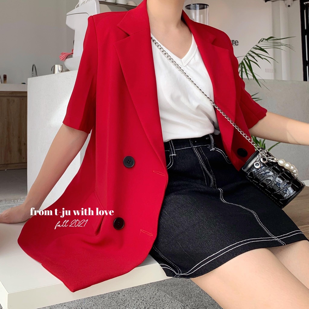 Áo Blazer / Vest cộc tay dáng xuông 4 khuy thiết kế Crystal T-Ju