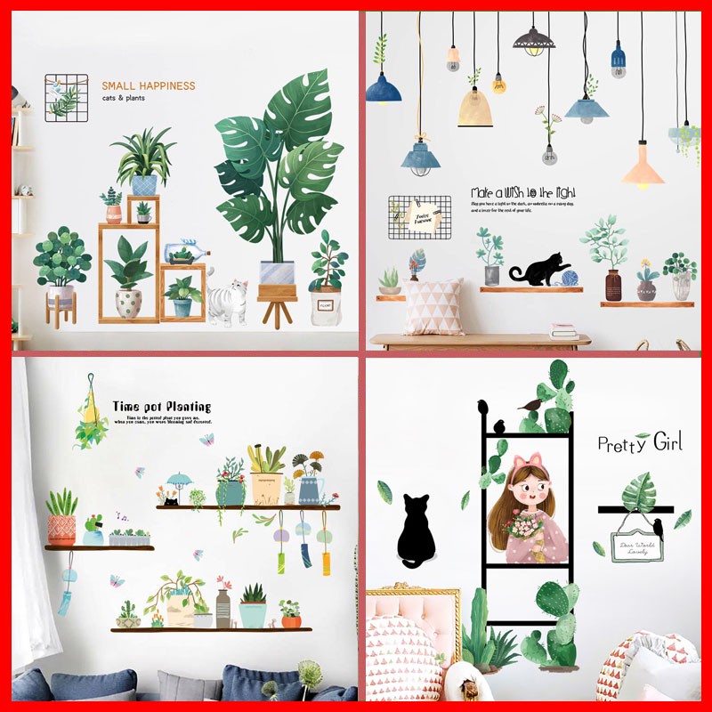 Decal tranh dán tường trang trí decor phòng ngủ cho bé như Hàn Quốc, tấm giấy sticker hình lá cây xanh size lớn