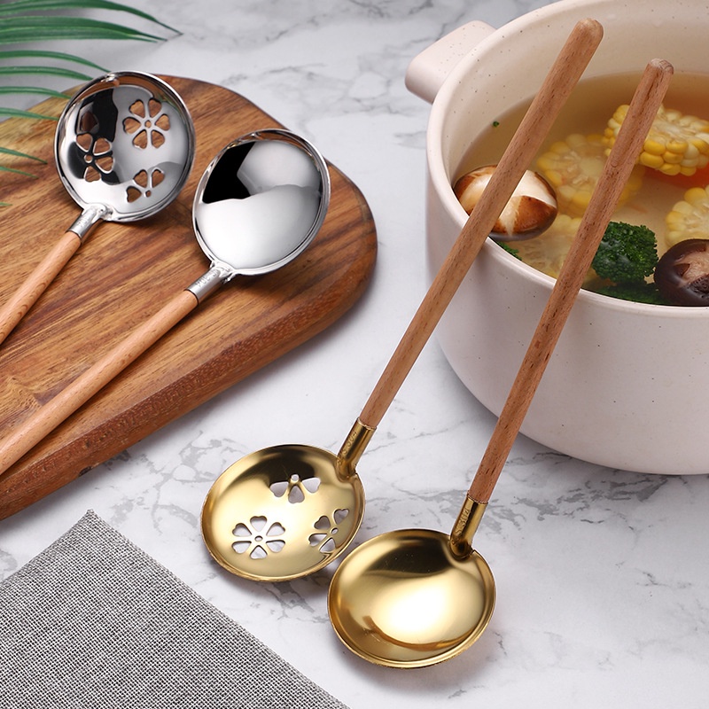 Muỗng Múc Canh Bằng Thép Không Gỉ 304 Có Tay Cầm Bằng Gỗ