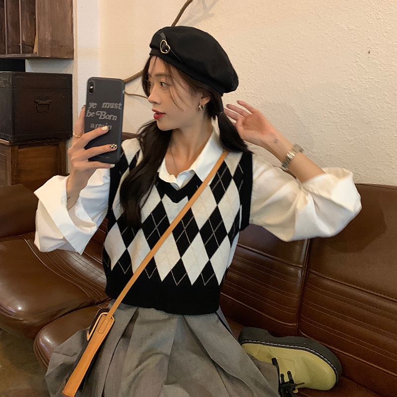 Áo len không tay cổ chữ V họa tiết sọc caro thiết kế thời trang dành cho nữ