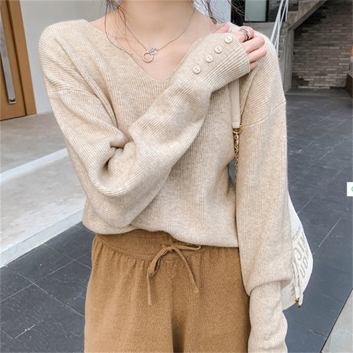 Áo Dệt Kim Tay Dài Dáng Rộng Cổ Chữ V Thời Trang Cho Nữ