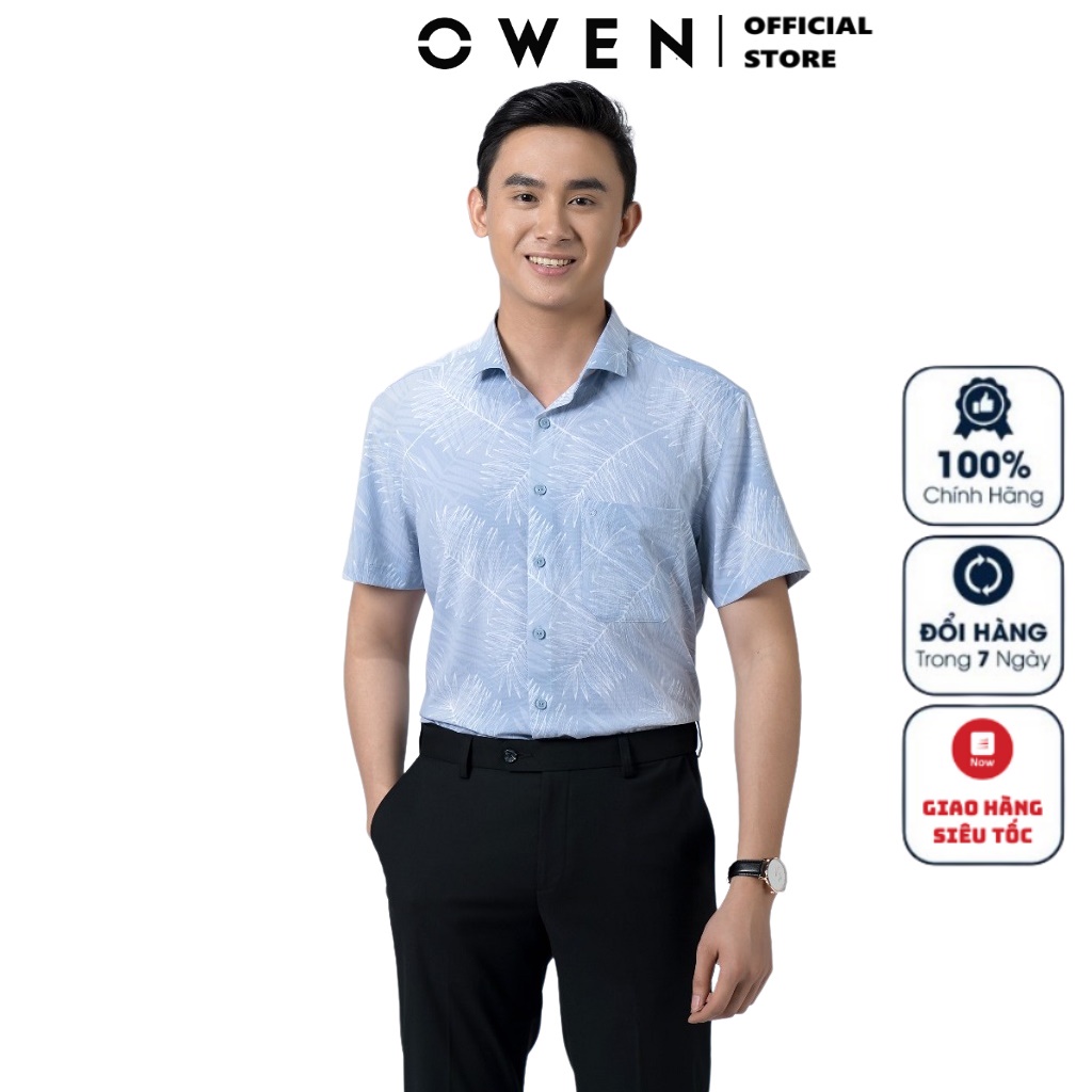 Áo Sơ Mi Nam Ngắn Tay OWEN BA220060NT Somi Công Sở Cao Cấp Màu Ghi In Lá Vải Bạc Hà Dáng Suông Tà Bằng Có Túi